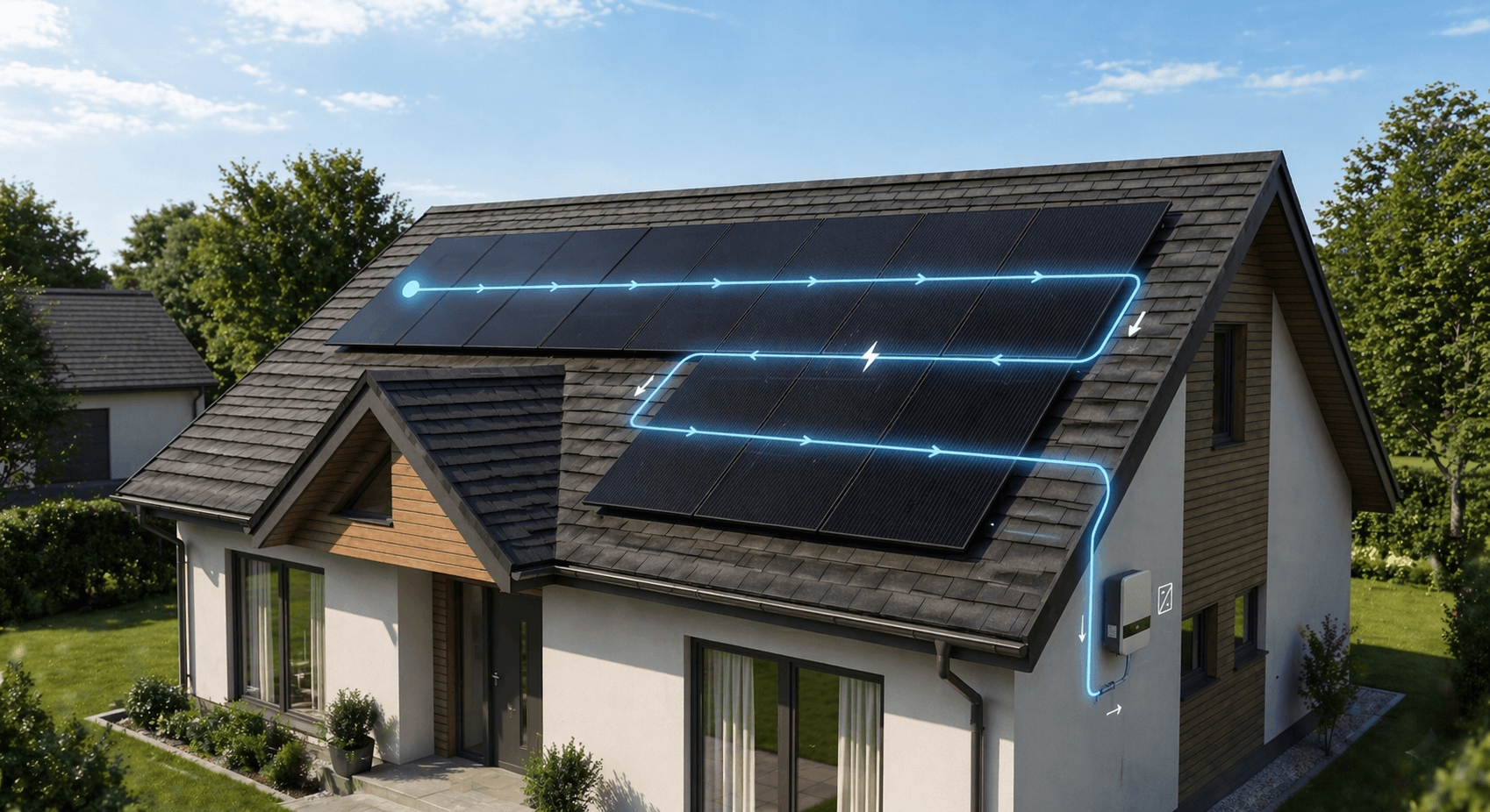 3D solar design interface showing blue panels with green wiring lines connecting them across a complex roof